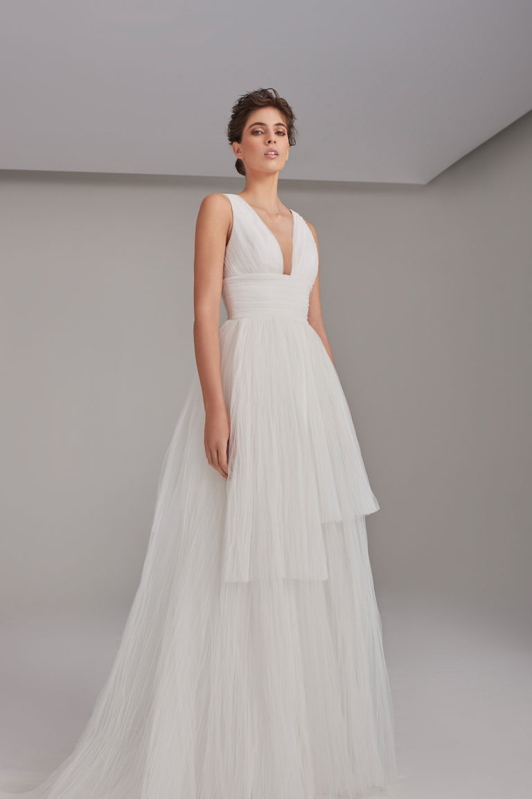 V-neck layered tulle volume gown