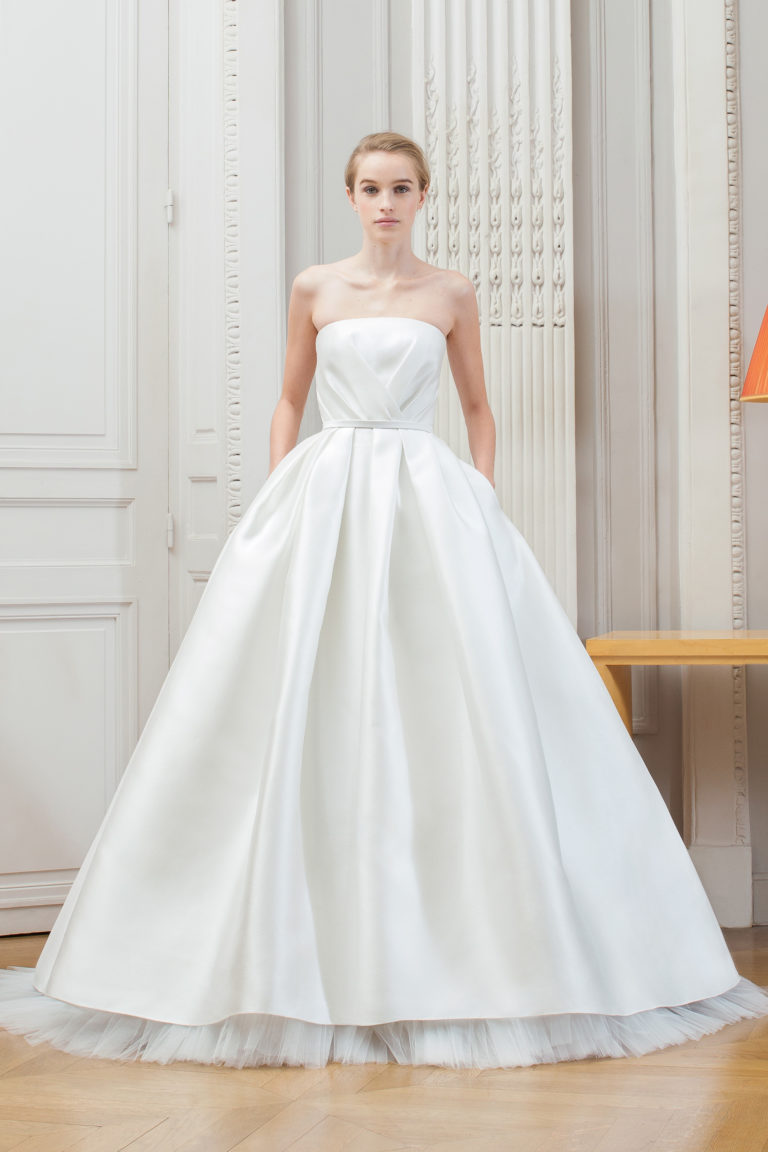 Asymmetrical pleated satin big volume wedding dress