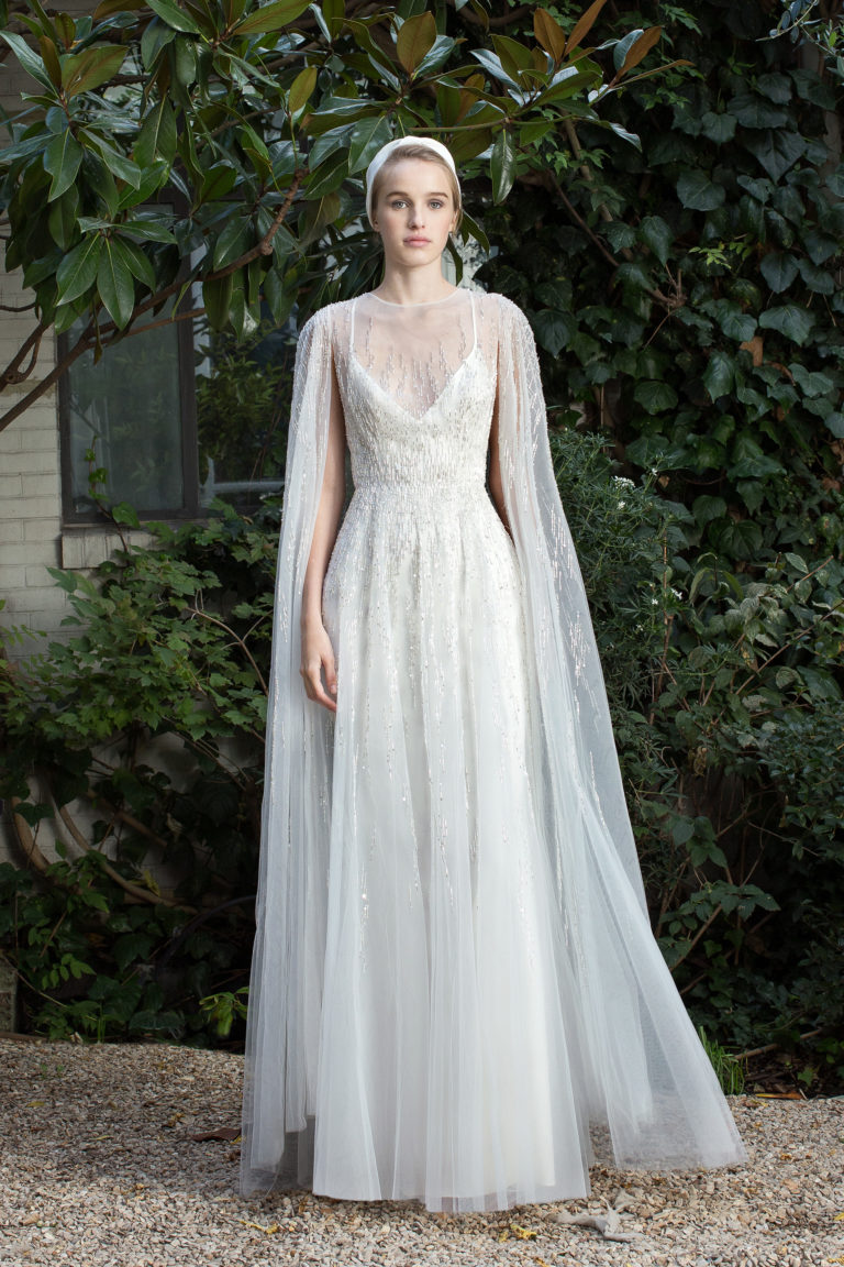 Fully embellished cape tulle wedding dress