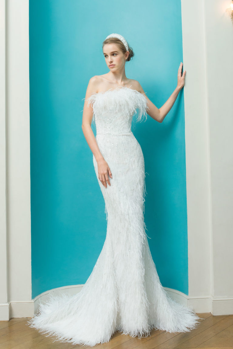 Fully embellished feather and beads mermaid wedding dress