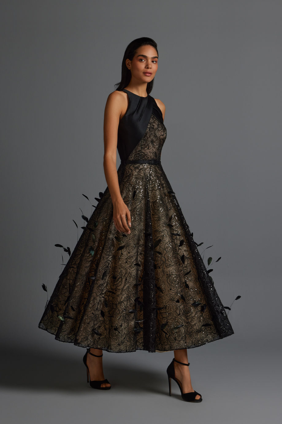 Lace tea-length volume evening dress decorated with feathers and asymmetrical draped top