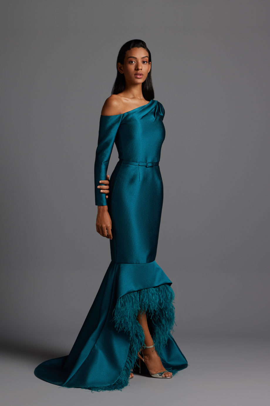 Asymmetrical draped neckline fitted satin evening dress with feathers