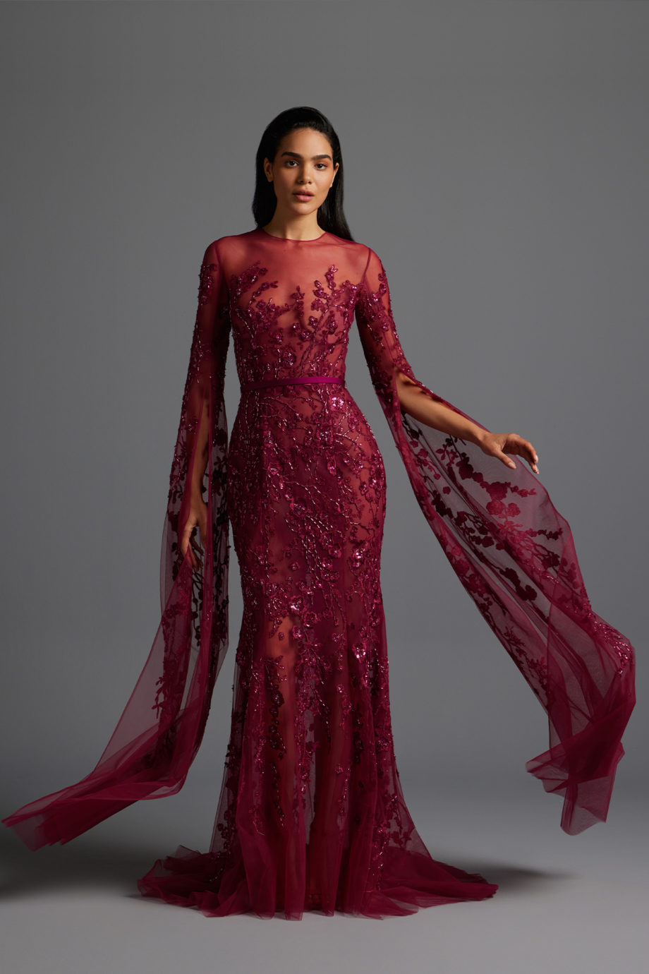Fully embroidered mermaid lace evening dress with floor length embroidered sleeves