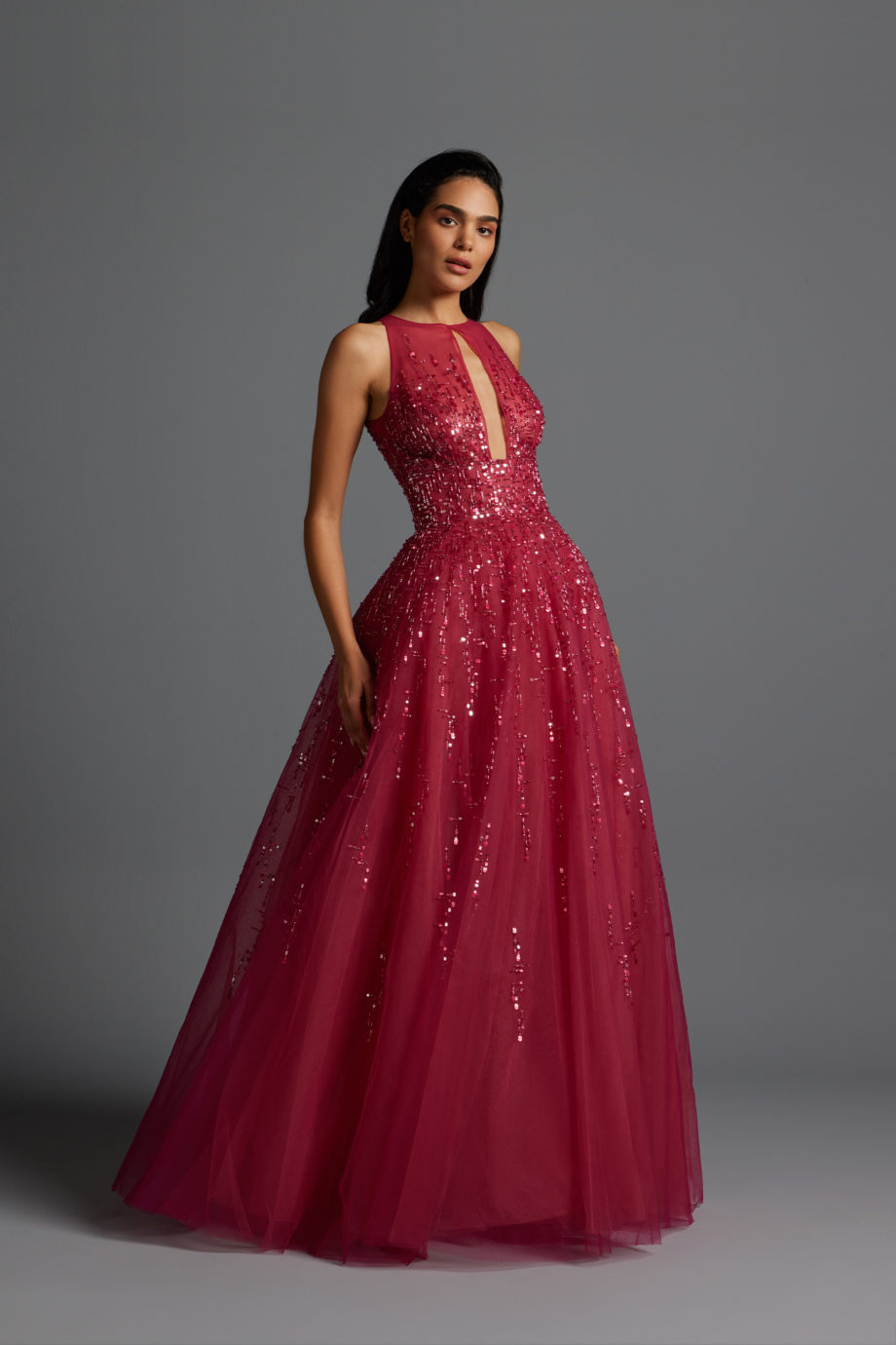 Fully crystal beaded big volume tulle gown