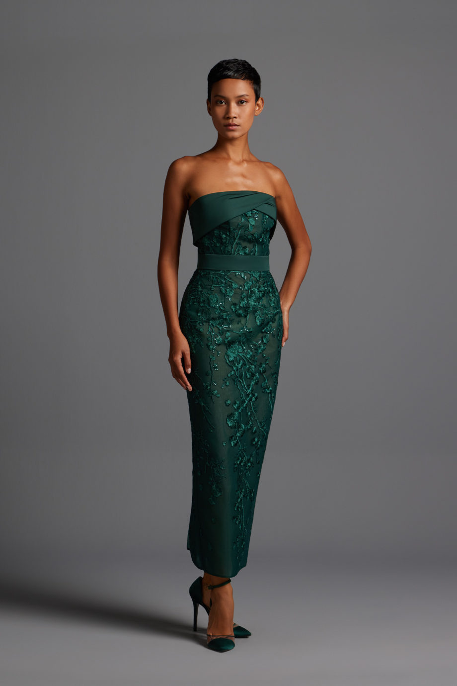 Strapless full lace fitted Tea-Length evening dress