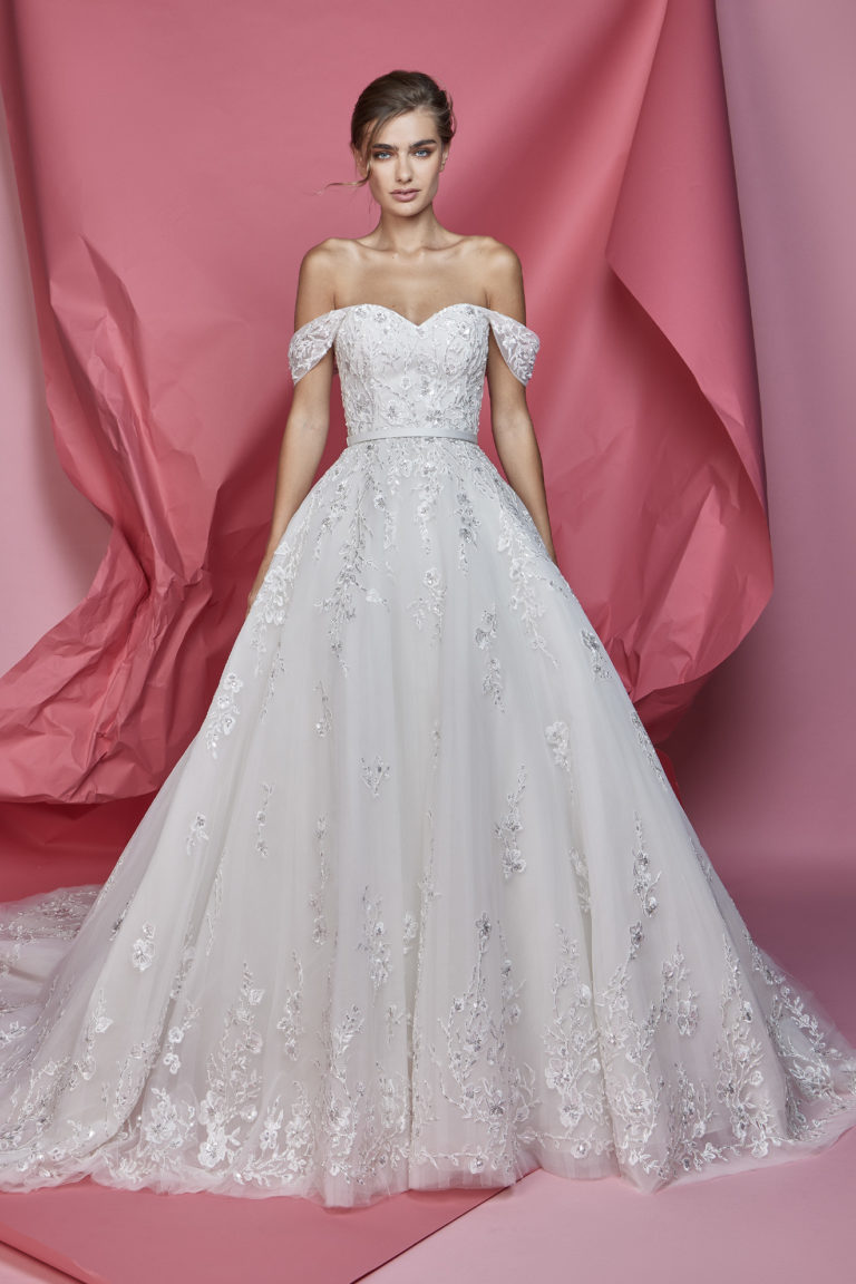 Fully embellished drop-off shoulder big volume lace wedding gown, Ready to Wear, Bridal