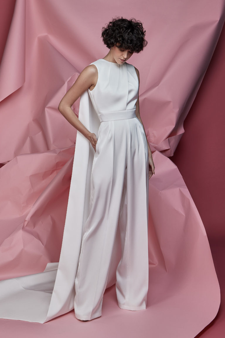 Long white crepe cape jumpsuit with overlap pleated top, ready to wear, bridal.