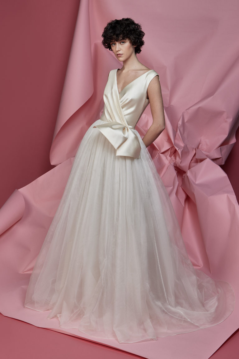 Big volume white tulle gown with draped satin overlap top and bow, ready to wear, bridal.