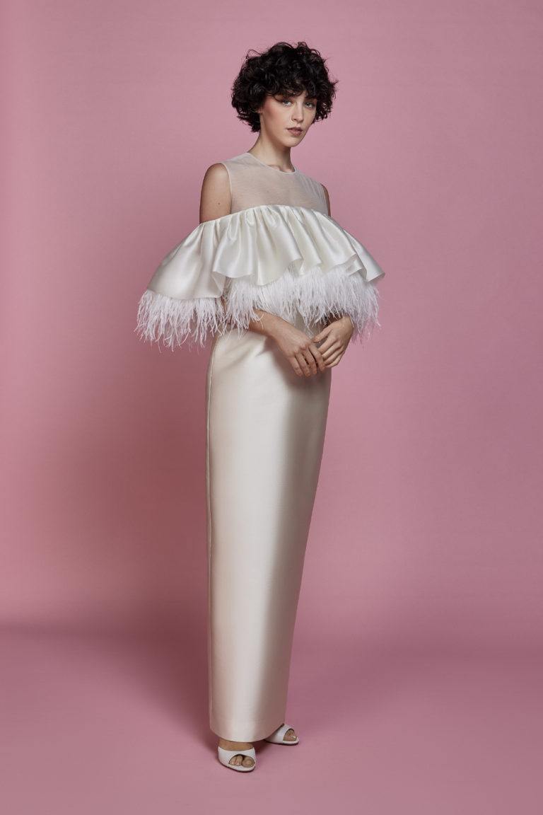 Ruffled tubino white crepe evening dress with feathers , ready to wear, bridal.